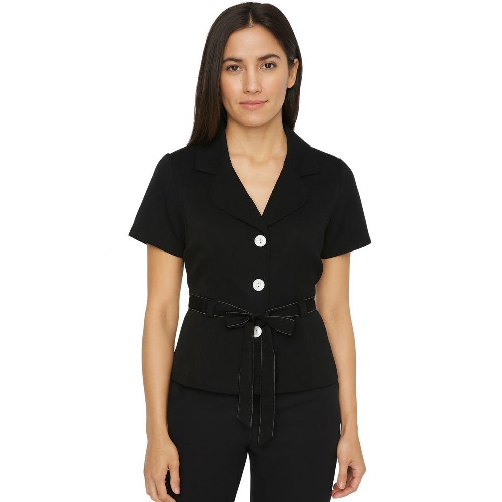 Studio I Knit Top‎ Belted Button Down Short Sleeve Career Black Size 14